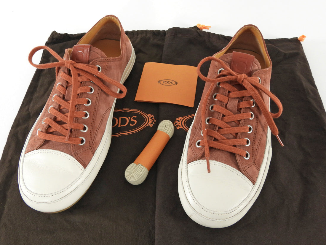 Tod's Rust Nubuck Suede and White Leather Cap Toe Sneakers - 39.5