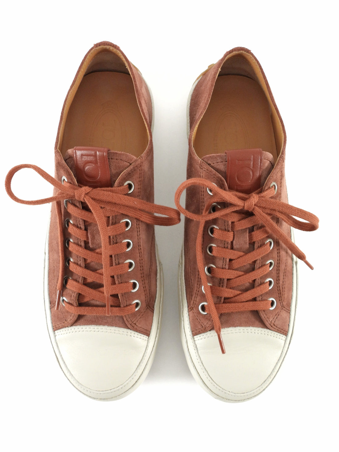 Tod's Rust Nubuck Suede and White Leather Cap Toe Sneakers - 39.5