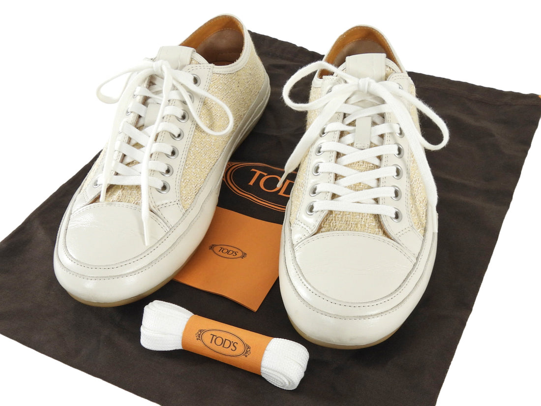 Tod's Beige Tweed and White Leather Combo Sneakers - 39.5