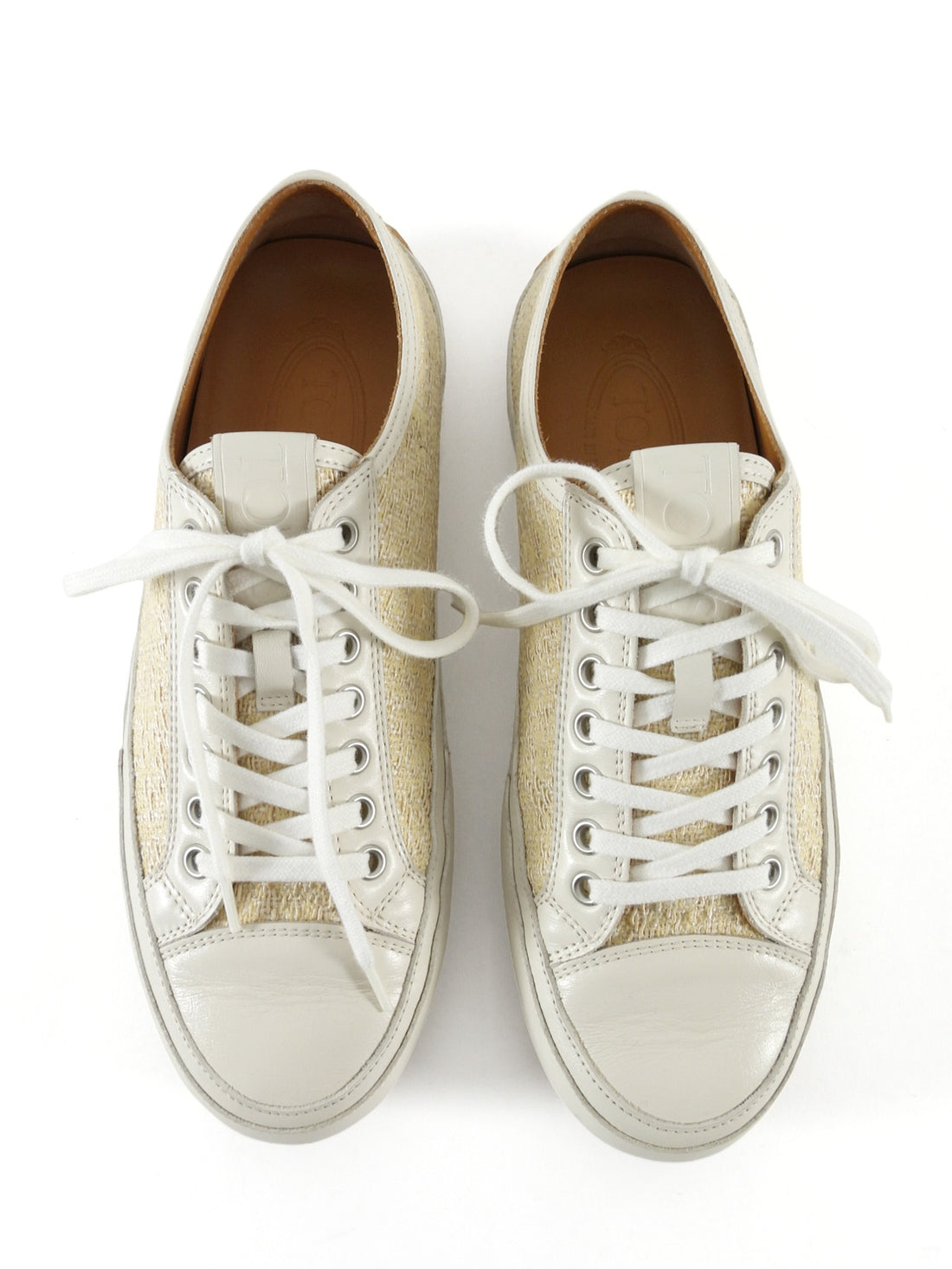 Tod's Beige Tweed and White Leather Combo Sneakers - 39.5