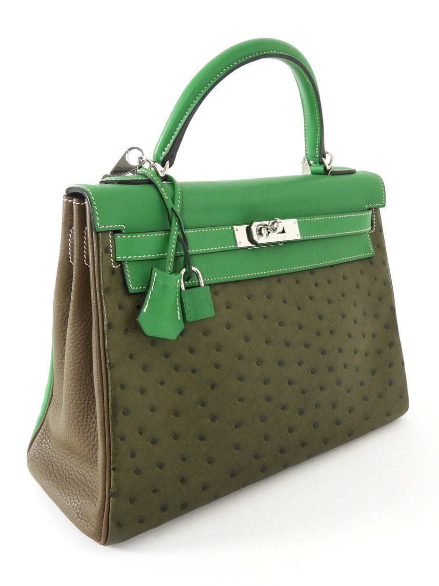 Hermes Green Tri-Color Ostrich Kelly Retourne 32 Handbag PHW