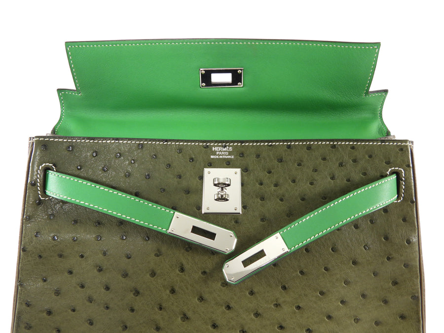 Hermes Green Tri-Color Ostrich Kelly Retourne 32 Handbag PHW
