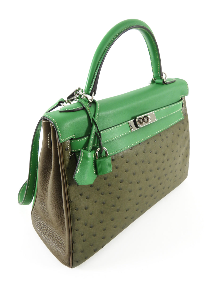 Hermes Green Tri-Color Ostrich Kelly Retourne 32 Handbag PHW