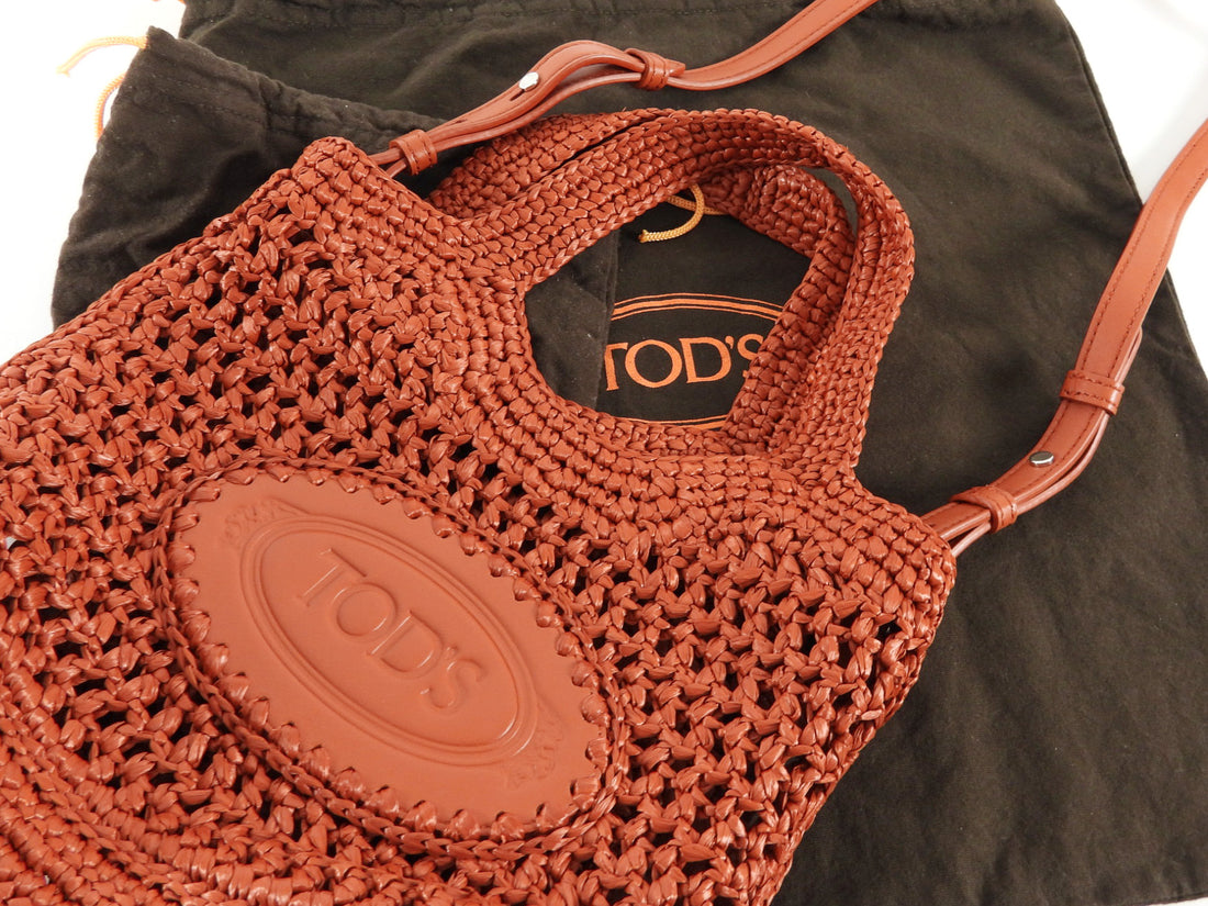 Tod's Rust Crochet Raffia Mini Manici Logo Tote Bag