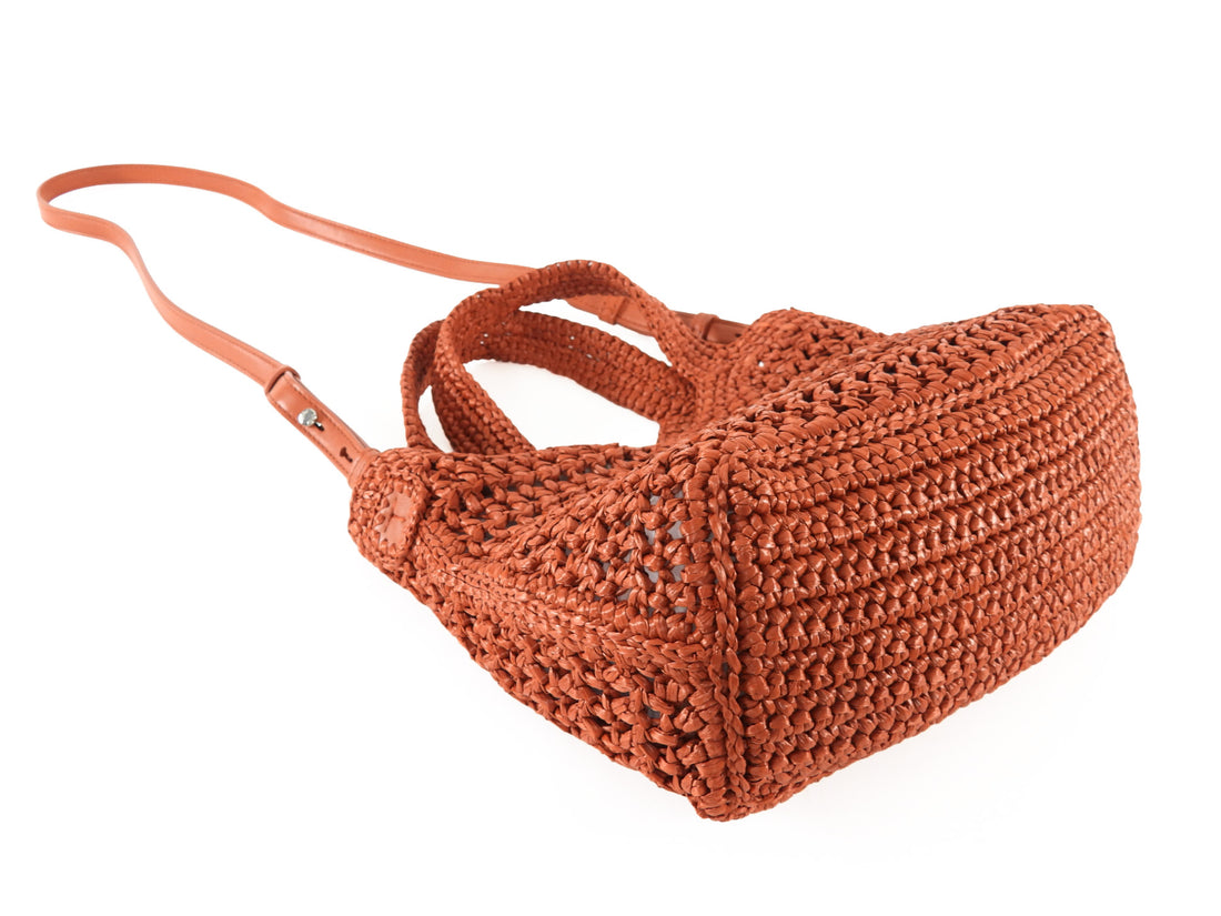 Tod's Rust Crochet Raffia Mini Manici Logo Tote Bag