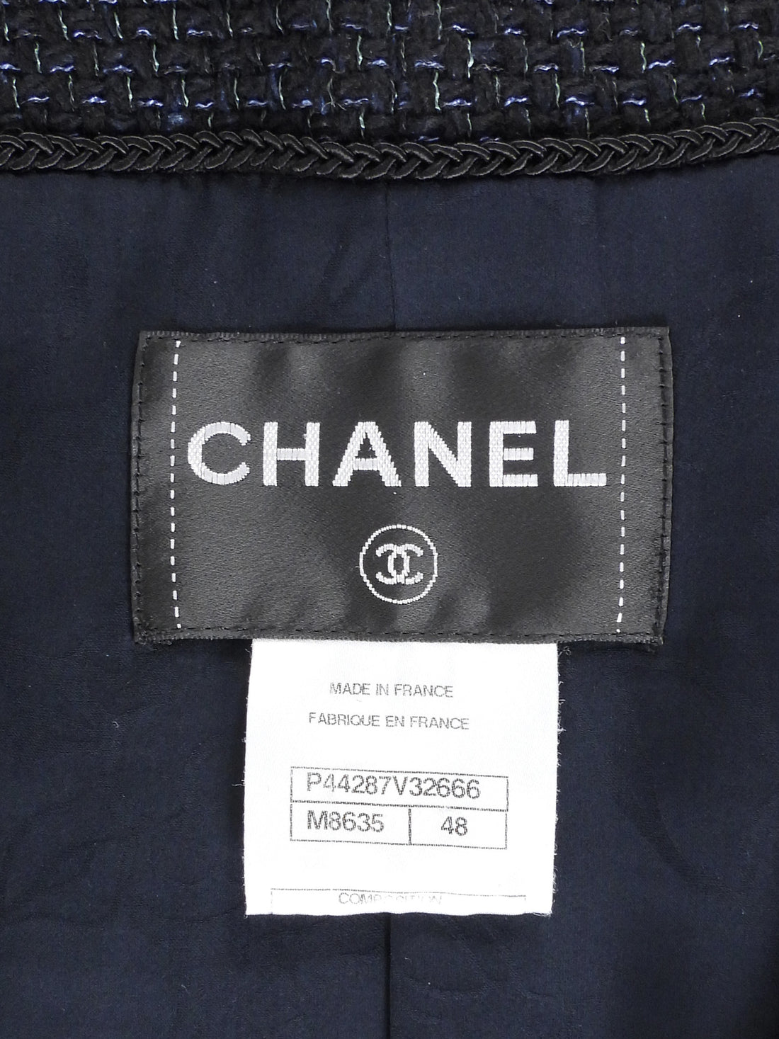 Chanel Navy Tweed CC Button Zip Down Jacket - FR 48