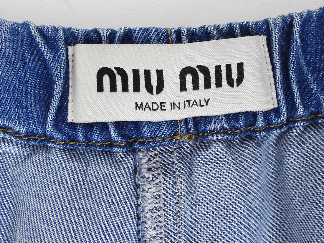 Miu Miu Blue Denim Logo Embroidered Flowing Shorts -  S / 38
