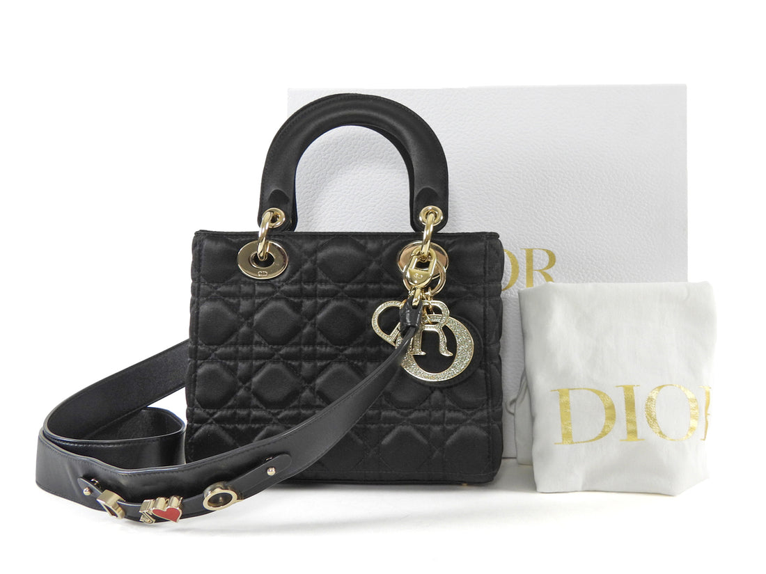 Dior Black Satin Cannage Quilted Small Crystal Charms Lady Dior
