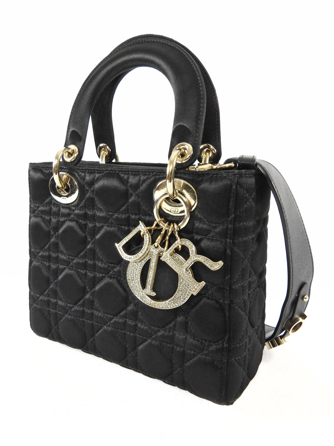 Dior Black Satin Cannage Quilted Small Crystal Charms Lady Dior