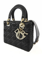 Dior Black Satin Cannage Quilted Small Crystal Charms Lady Dior