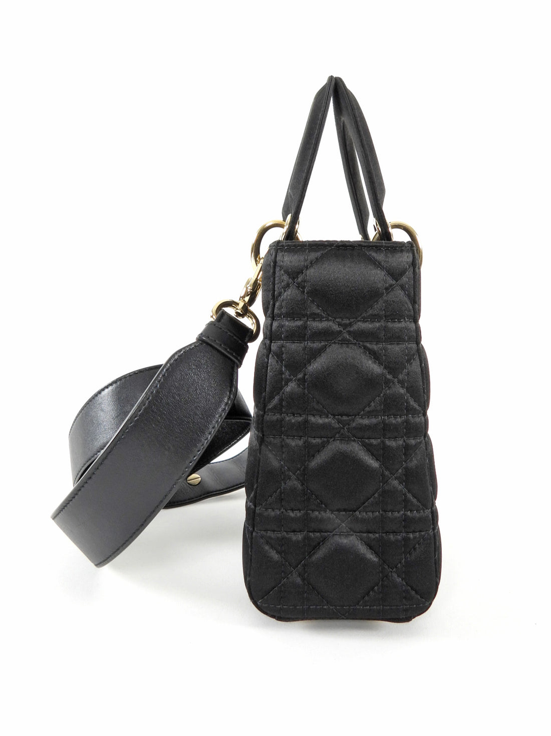 Dior Black Satin Cannage Quilted Small Crystal Charms Lady Dior