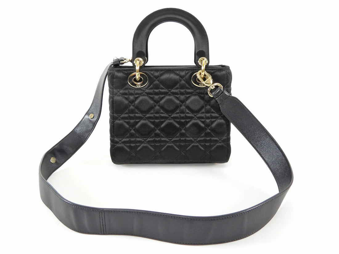 Dior Black Satin Cannage Quilted Small Crystal Charms Lady Dior