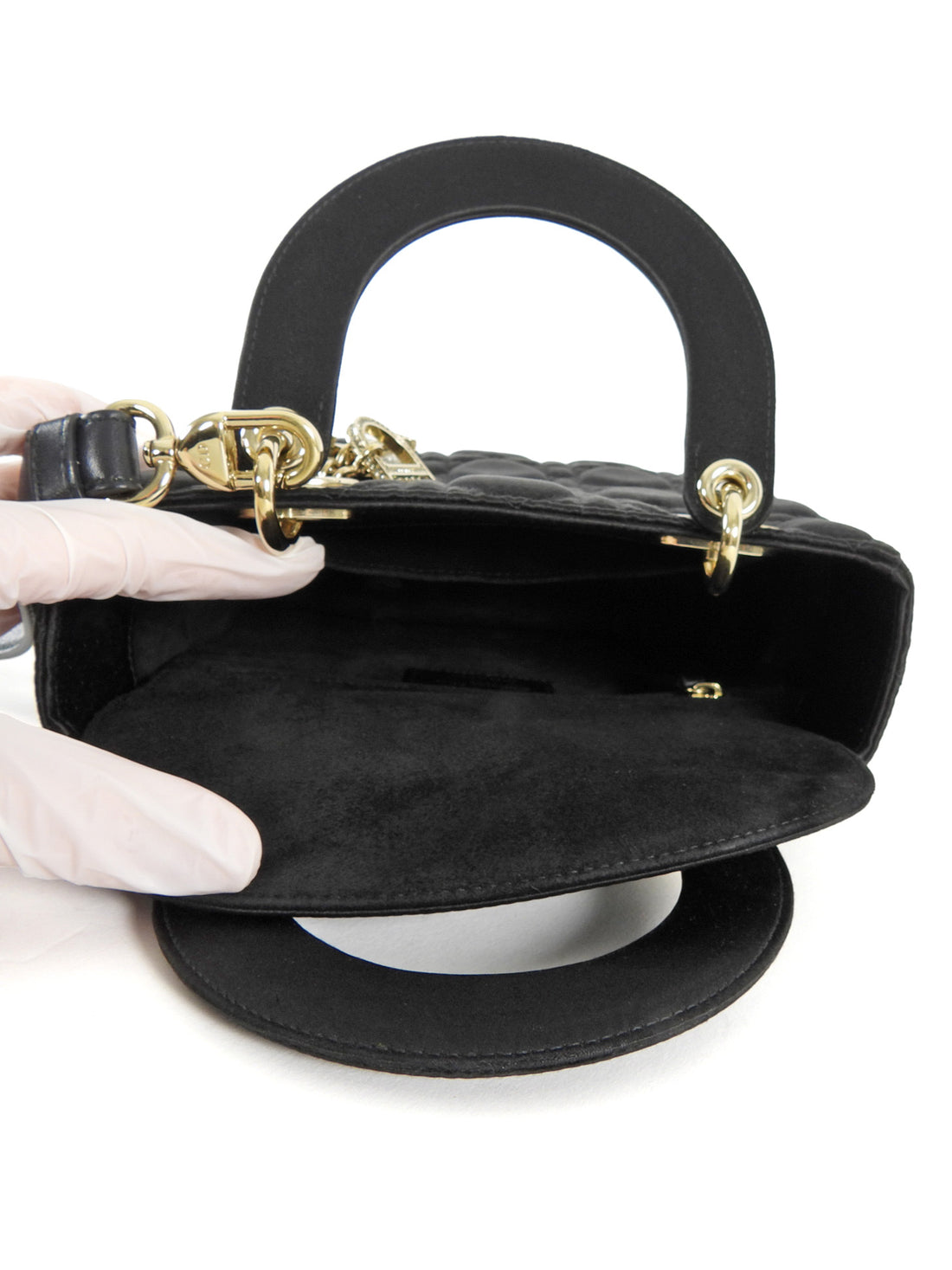 Dior Black Satin Cannage Quilted Small Crystal Charms Lady Dior