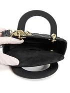 Dior Black Satin Cannage Quilted Small Crystal Charms Lady Dior