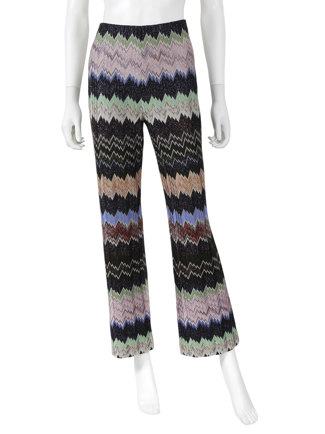 Missoni Purple Green Black Multi Lame Jacquard Zig Zag Knit Wide Leg Trousers - 42