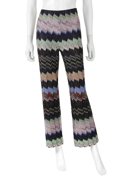 Missoni Purple Green Black Multi Lame Jacquard Zig Zag Knit Wide Leg Trousers - 42