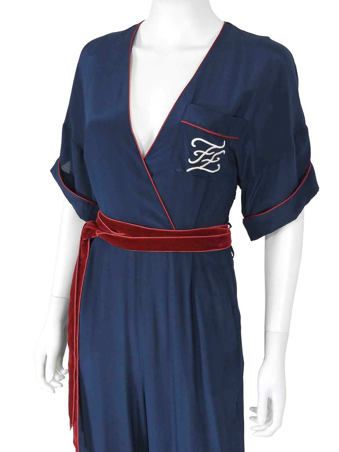 Fendi Midnight Navy Red FF Monogram Embroidered Pajama Jumpsuit 40