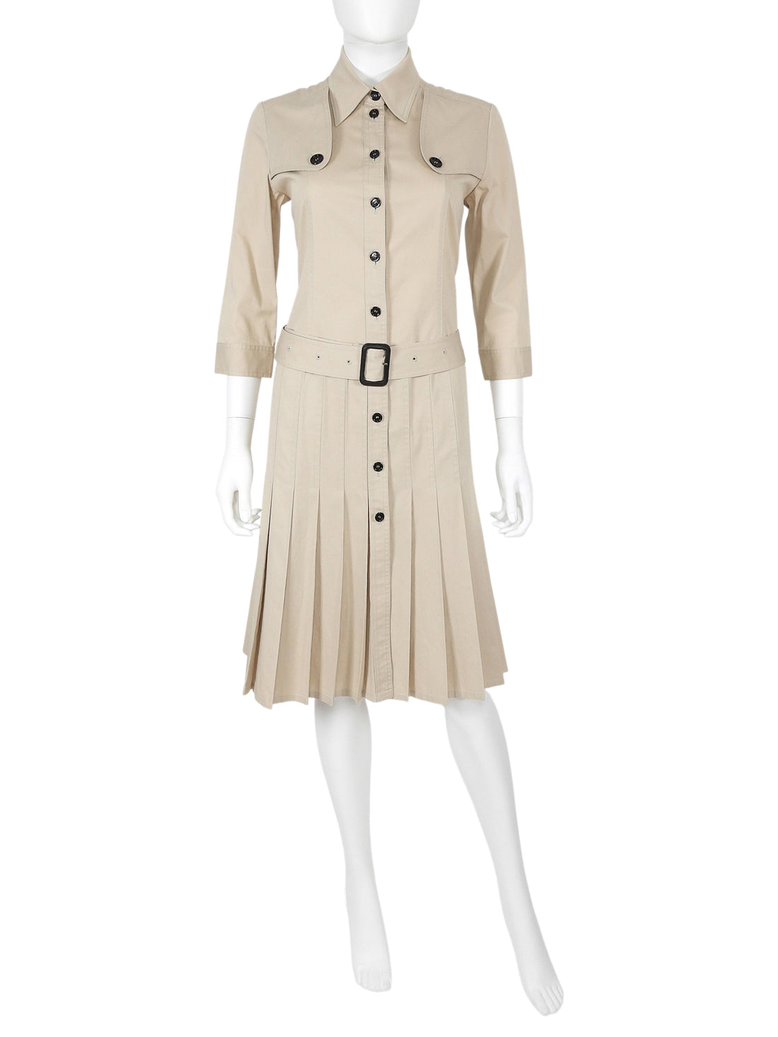 Burberry Beige Pleated Cotton Gabardine Canvas Trench Coat Dress - US8 / UK10