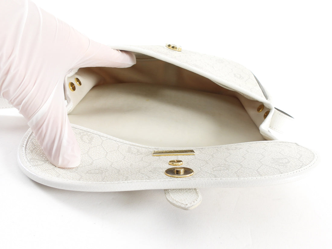 Christian Dior Vintage White Honeycomb Coated Canvas and Grey Leather Small Messenger Shoulder Bag