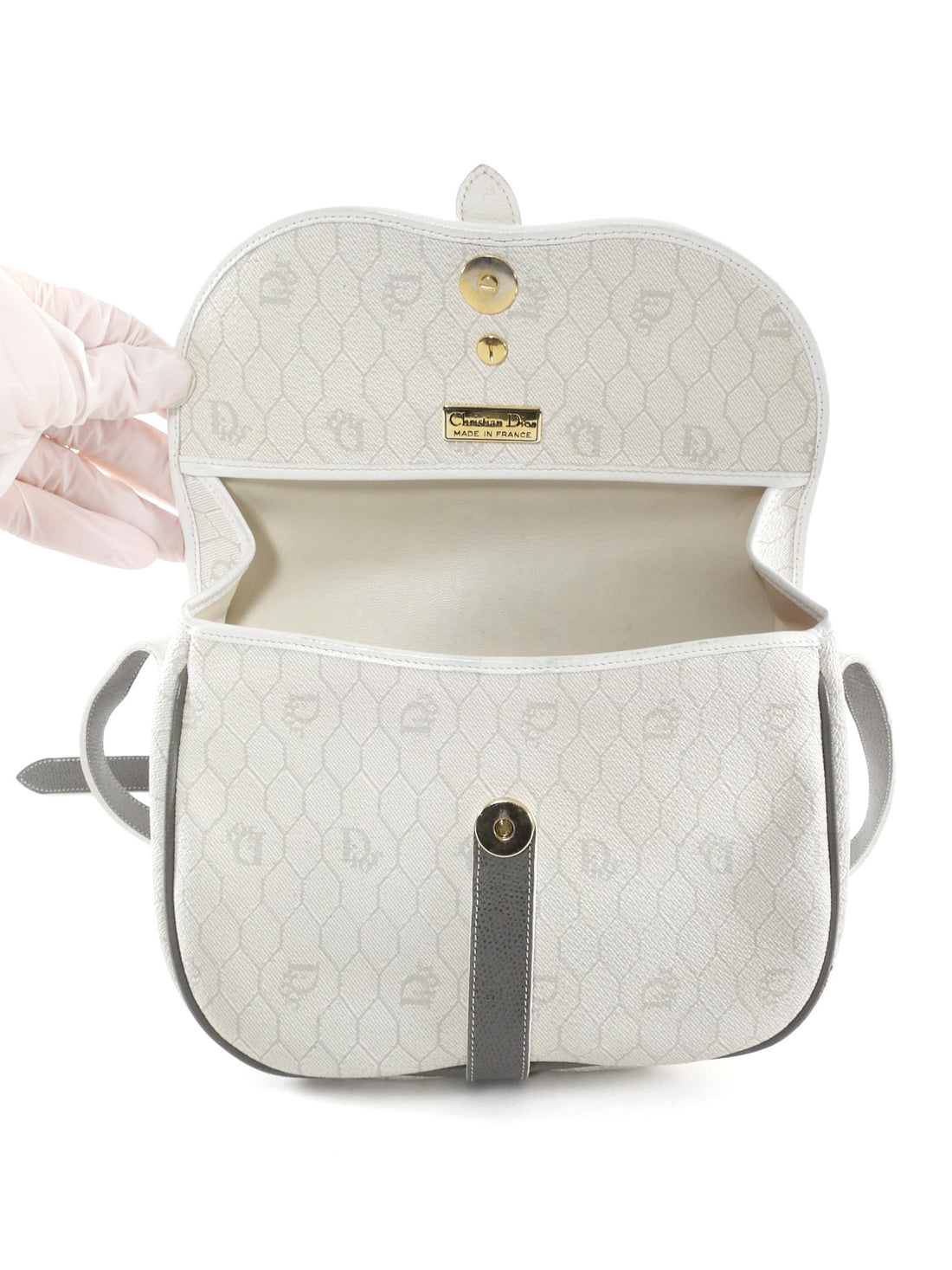 Christian Dior Vintage White Honeycomb Coated Canvas and Grey Leather Small Messenger Shoulder Bag