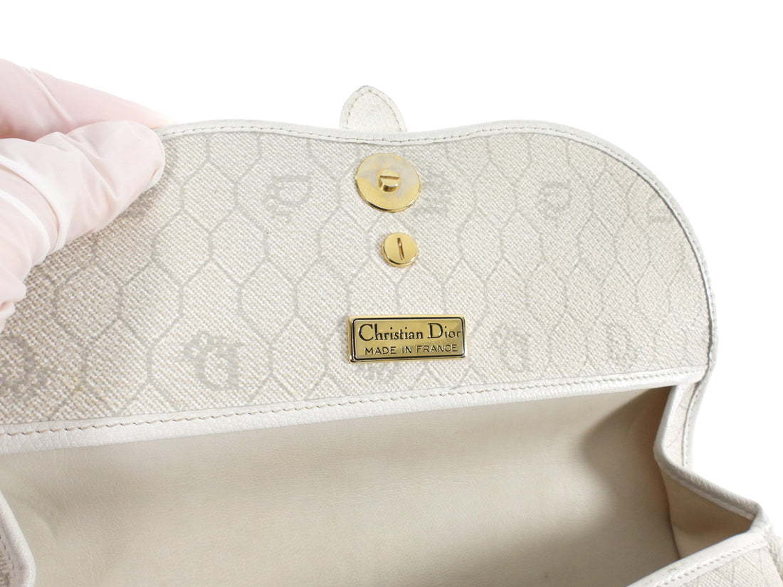 Christian Dior Vintage White Honeycomb Coated Canvas and Grey Leather Small Messenger Shoulder Bag