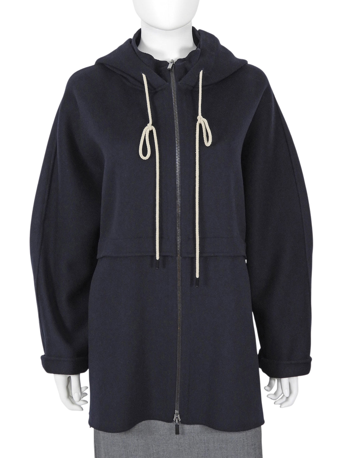 S Max Mara Navy Virgin Wool Zip Oversized Mid Length Hooded Coat - IT 38 / US 4