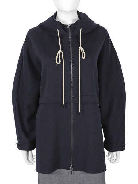 S Max Mara Navy Virgin Wool Zip Oversized Mid Length Hooded Coat - IT 38 / US 4