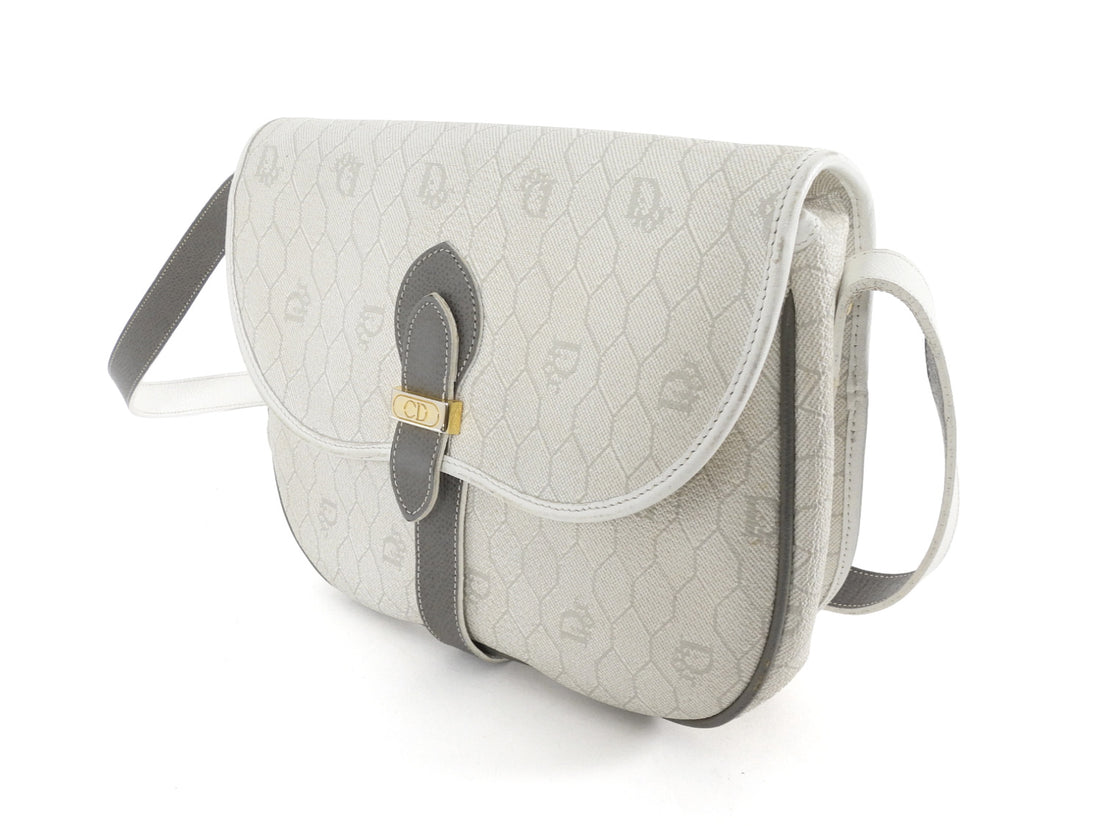 Christian Dior Vintage White Honeycomb Coated Canvas and Grey Leather Small Messenger Shoulder Bag