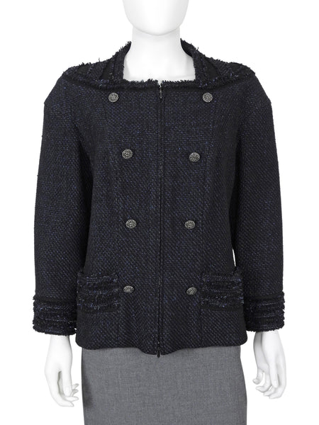 Chanel Navy Tweed CC Button Zip Down Jacket - FR 48