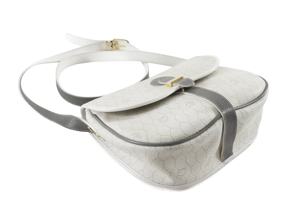 Christian Dior Vintage White Honeycomb Coated Canvas and Grey Leather Small Messenger Shoulder Bag