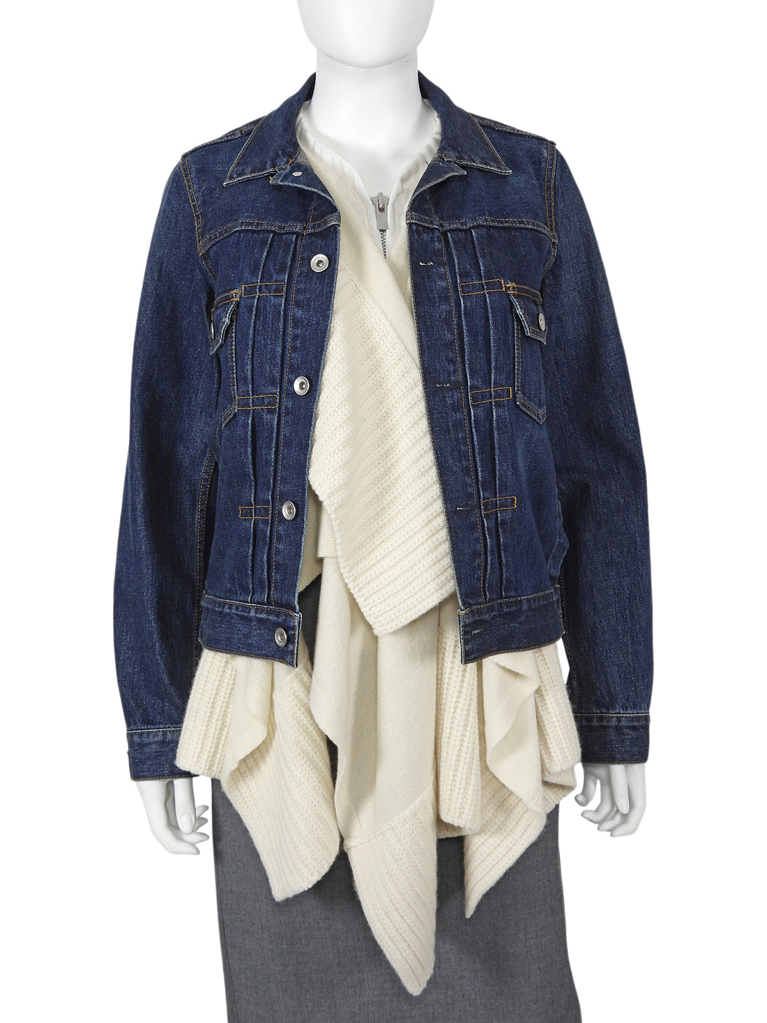 Sacai Blue Ivory Denim and Wool Knit Layered Combo Jacket - JP 1 / S / US 4