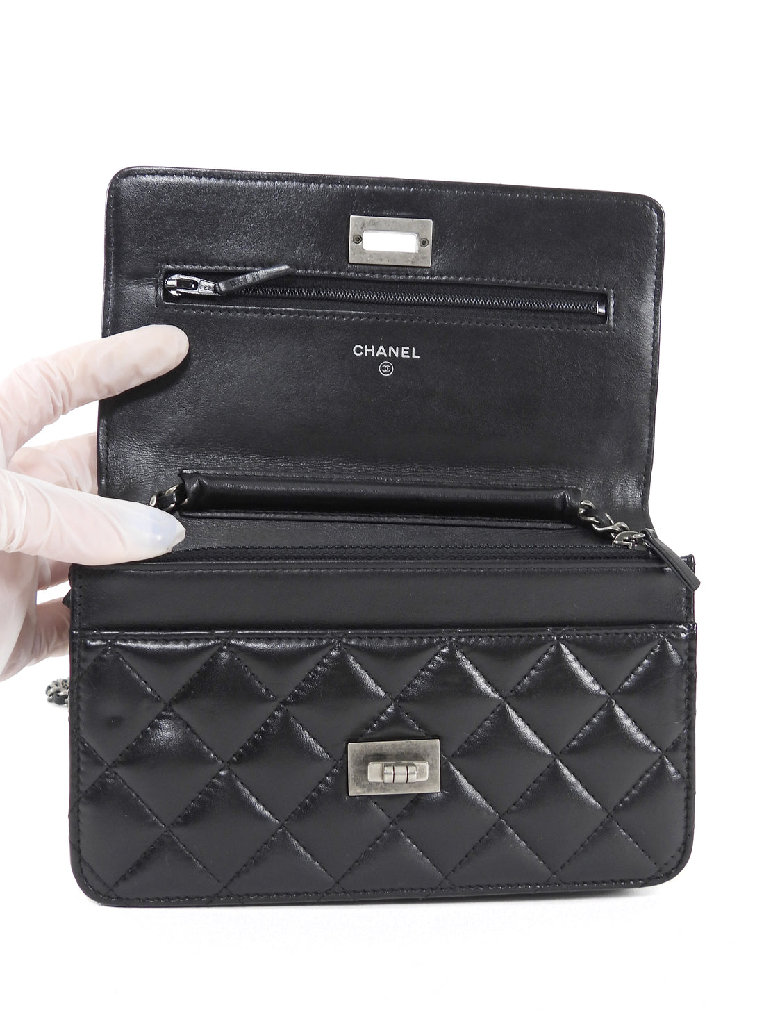 Chanel Black Aged Calfskin 2.55 Reissue Wallet on Chain Bag