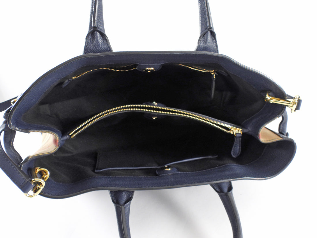 Burberry Navy Leather and Check Large Banner Two Way Tote Bag