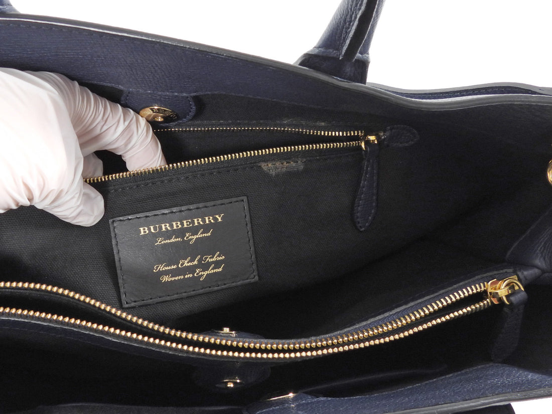 Burberry Navy Leather and Check Large Banner Two Way Tote Bag
