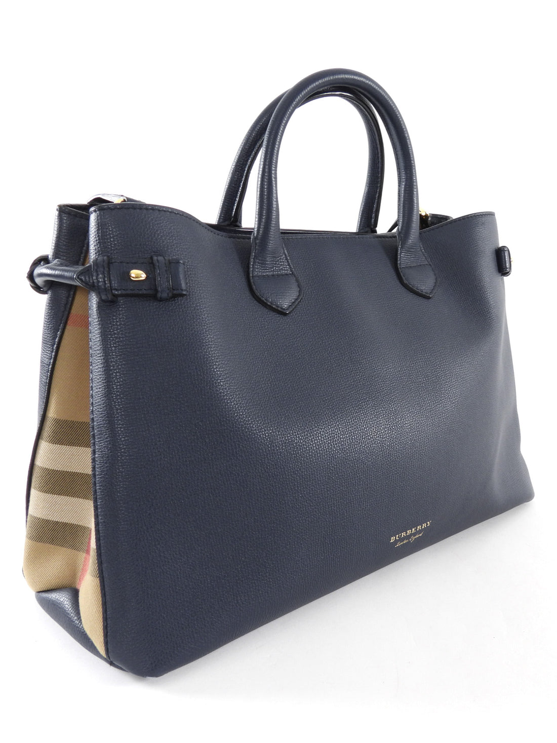 Burberry Navy Leather and Check Large Banner Two Way Tote Bag