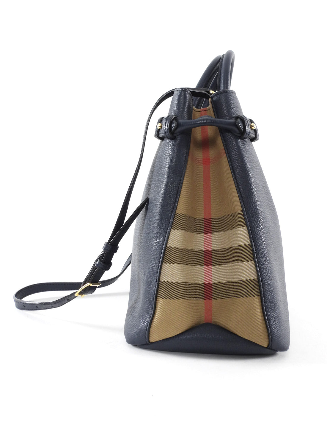 Burberry Navy Leather and Check Large Banner Two Way Tote Bag