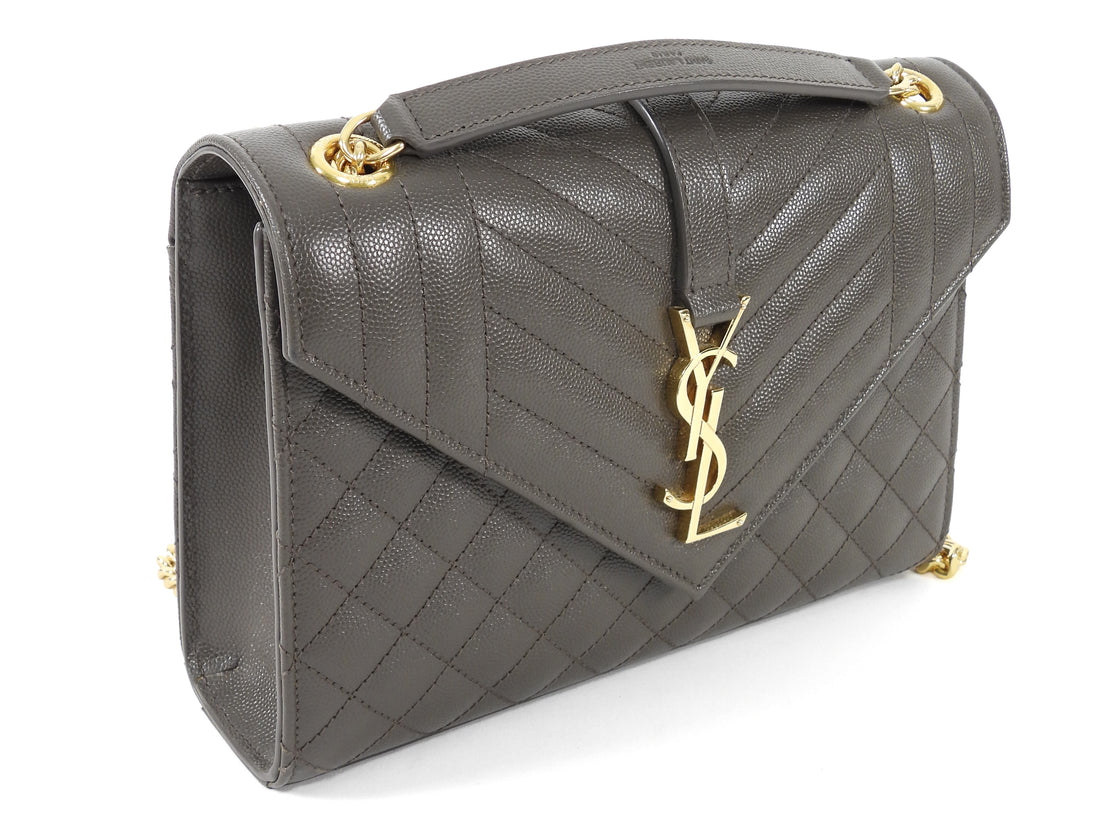 Saint Laurent Dark Grey Taupe Grain de Poudre Matelasse Triquilt Monogram Medium Flap Bag Medium