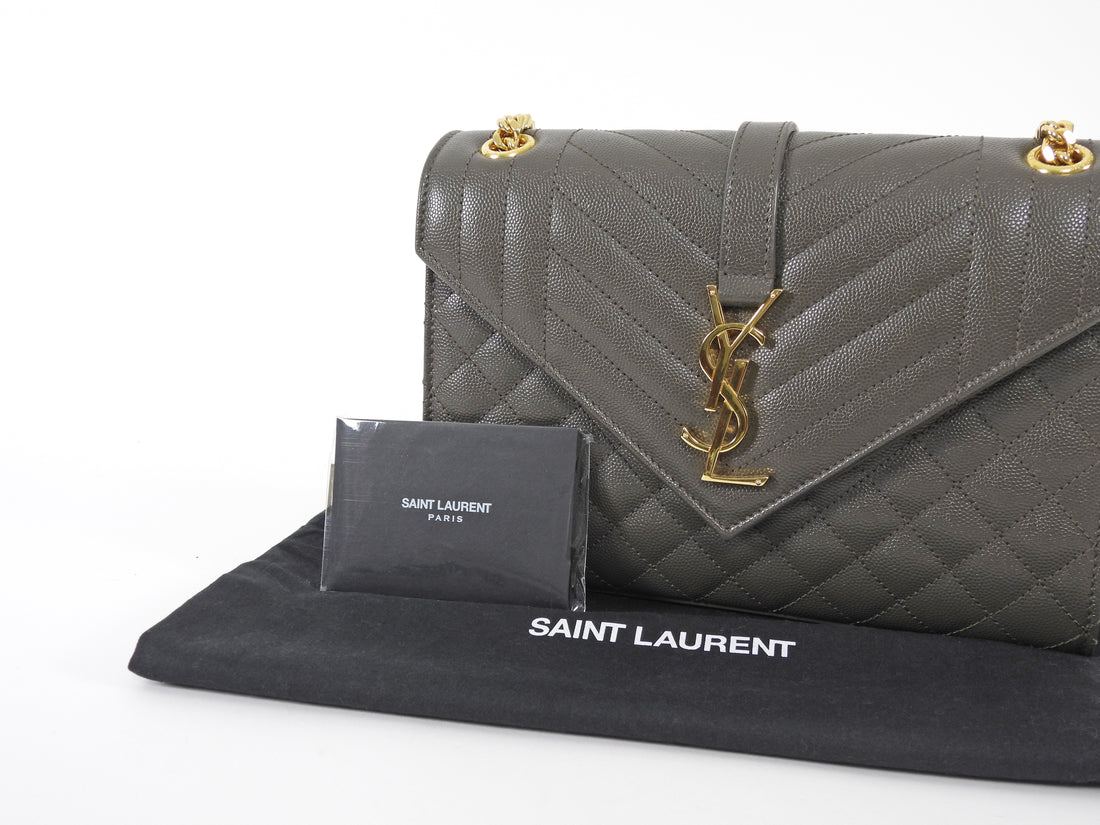 Saint Laurent Dark Grey Taupe Grain de Poudre Matelasse Triquilt Monogram Medium Flap Bag Medium