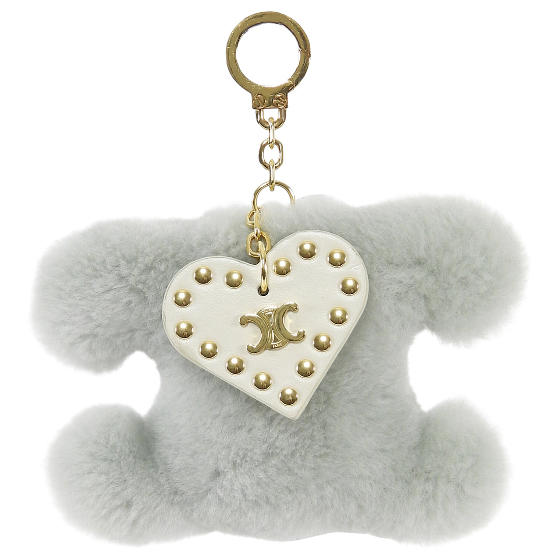 Celine Pale Sage Green Triomphe Shearling Pom Pom Studded Heart Charm Keyring