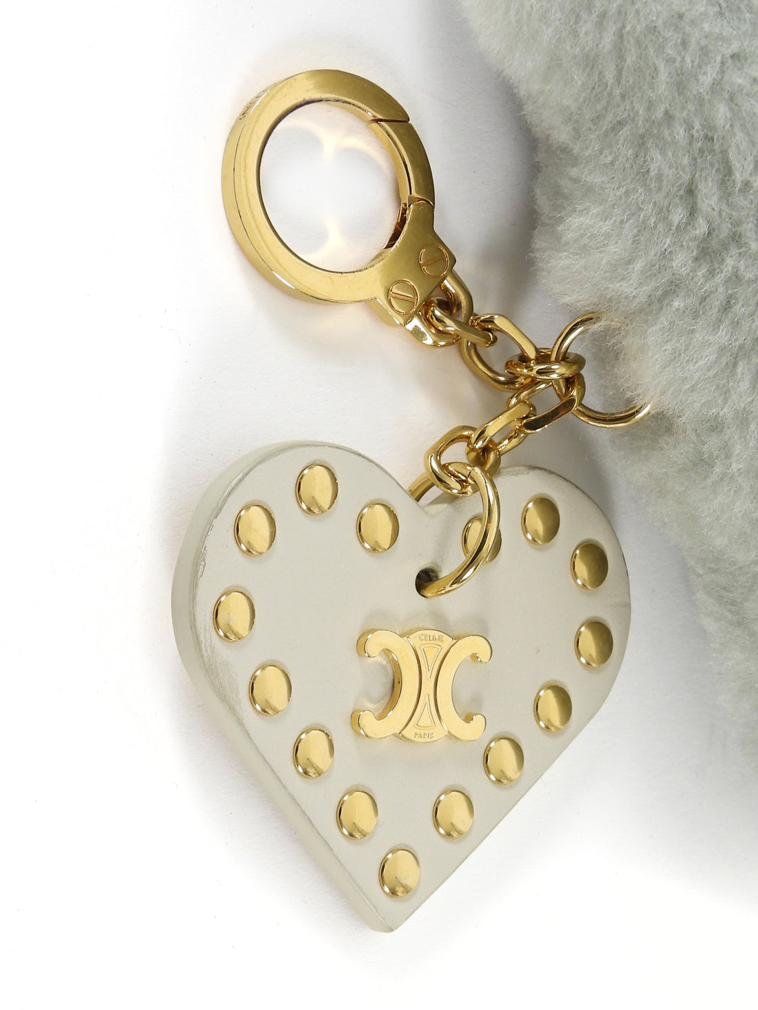 Celine Pale Sage Green Triomphe Shearling Pom Pom Studded Heart Charm Keyring