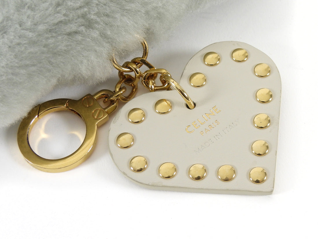 Celine Pale Sage Green Triomphe Shearling Pom Pom Studded Heart Charm Keyring