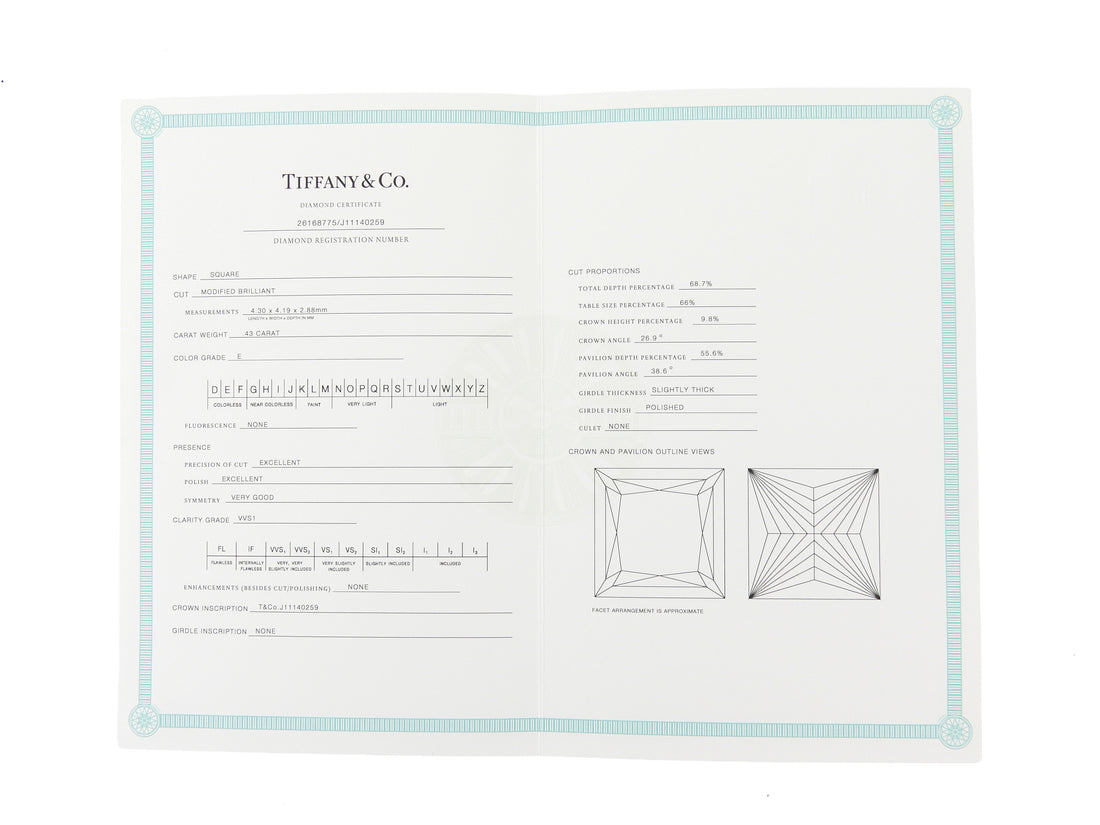 Tiffany & Co. Platinum Square Princess Cut 0.43 CT Diamond Solitaire Engagement Ring