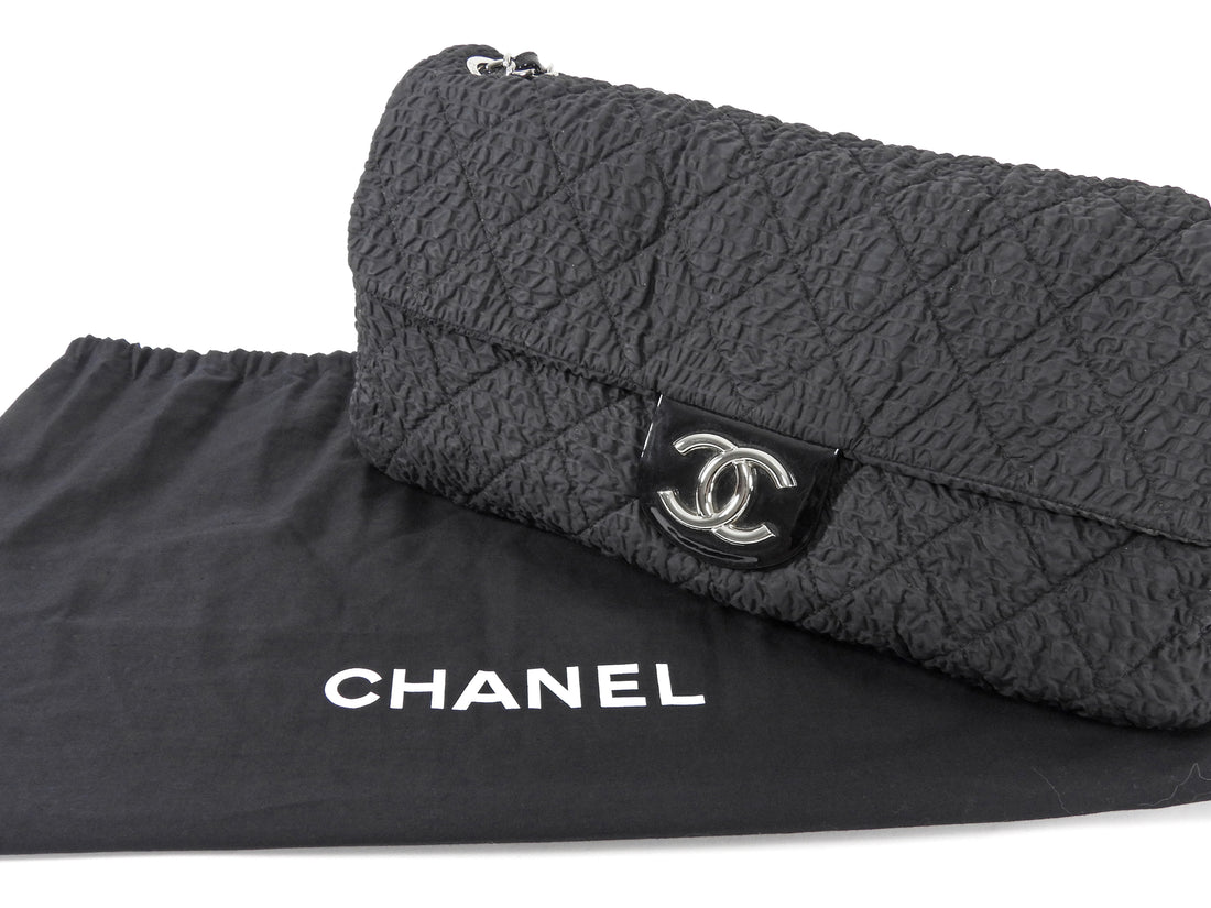 Chanel Black 2009 Ruched Nylon Patent CC Large Cloquee Flap Bag
