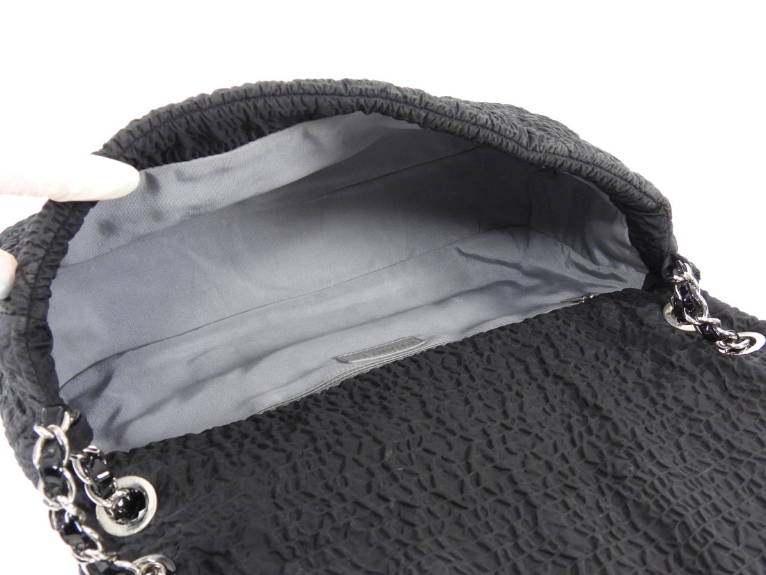 Chanel Black 2009 Ruched Nylon Patent CC Large Cloquee Flap Bag