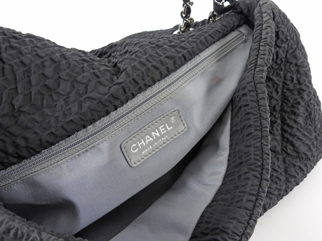 Chanel Black 2009 Ruched Nylon Patent CC Large Cloquee Flap Bag