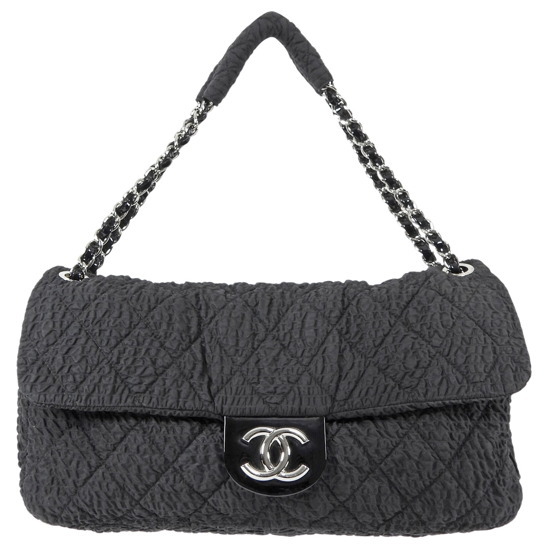 Chanel Black 2009 Ruched Nylon Patent CC Large Cloquee Flap Bag