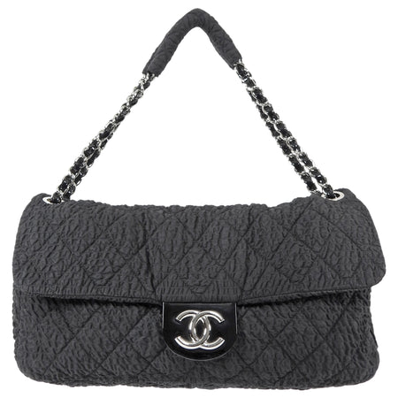 Chanel Black 2009 Ruched Nylon Patent CC Large Cloquee Flap Bag