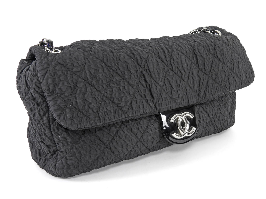 Chanel Black 2009 Ruched Nylon Patent CC Large Cloquee Flap Bag