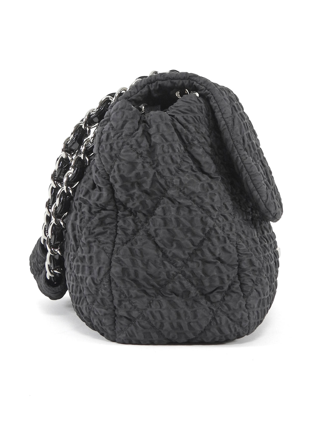 Chanel Black 2009 Ruched Nylon Patent CC Large Cloquee Flap Bag