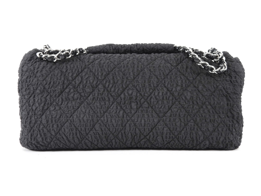 Chanel Black 2009 Ruched Nylon Patent CC Large Cloquee Flap Bag